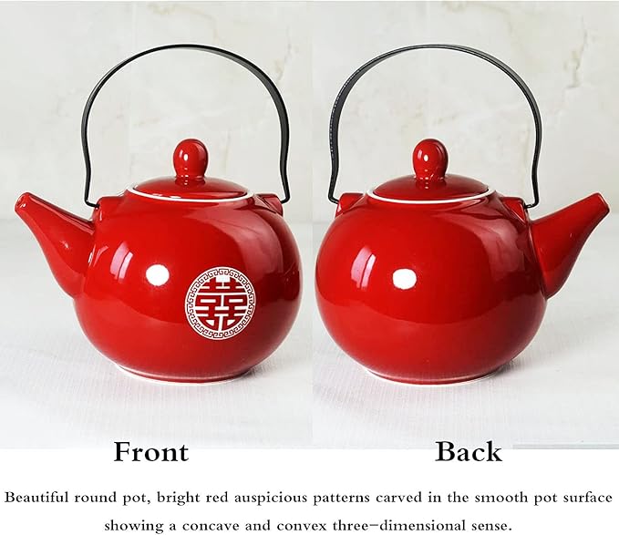 Chinese Teapot 28oz Porcelain Tea Pot Red Glazing with Detachable iron handle for Adults Men Women Tea Ceremony Wedding Party Home Decor (Double happiness Teapot) - Bloomnest