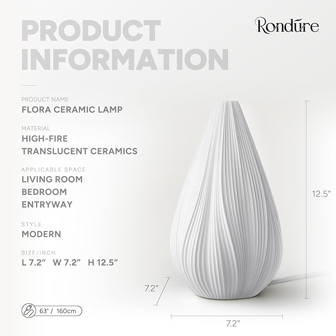 RONDURE 12.5" Modern Ceramic Table Lamp, Fully Dimmable Modern Bedside Lamps for Bedroom, Living Room and Nightstand, White Translucent Ceramic Shade, Warm Ambient Lighting, Corded, Bulb Included - Bloomnest