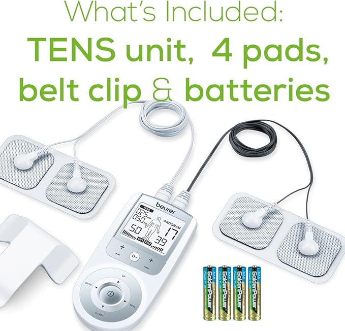 Beurer EM44 TENS Unit Muscle Stimulator with 50 Intensity Levels for Muscle Pain Relief, Muscle Stimulator Includes 4 Electrode TENS Pads, Belt Clip, and Batteries with Tens Machine BeurerNorthAmerica
