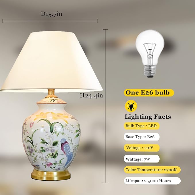 Chinoiserie Ceramic LED Table Lamp, American Flower&Bird Bedside Lamp, Classic White Fabric Lampshade Desk Nightstand Lamp for Bedroom Living Room Office College Bookcase - Bloomnest