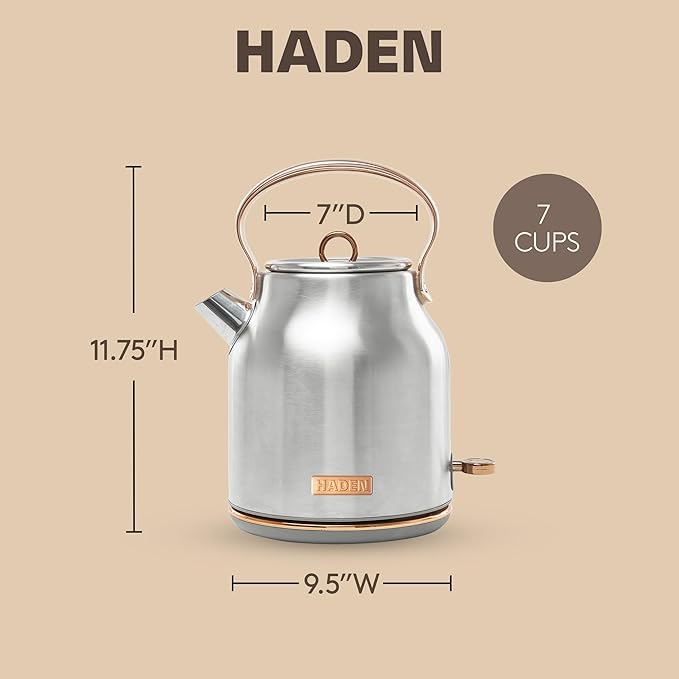 Haden Heritage 1.7 Liter Stainless Steel Electric Kettle, Hot Water Kettle with 360-Degree Base and Auto Shutoff, Steel & Copper - Bloomnest