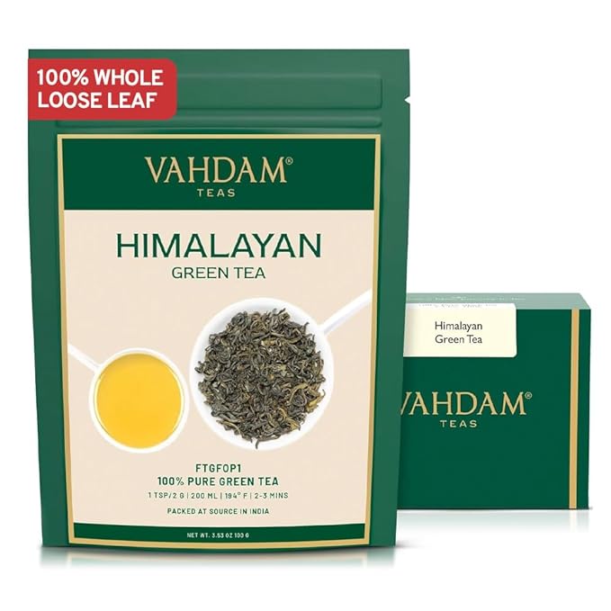 VAHDAM, Himalayan Green Tea Leaves (50+ Cups, 3.53 Oz) Non GMO, Gluten Free | High Elevation Grown Green Tea Leaves From Himalayas | Pure Unblended Single Origin Green Loose Leaf Tea | Vacuum Sealed - Bloomnest