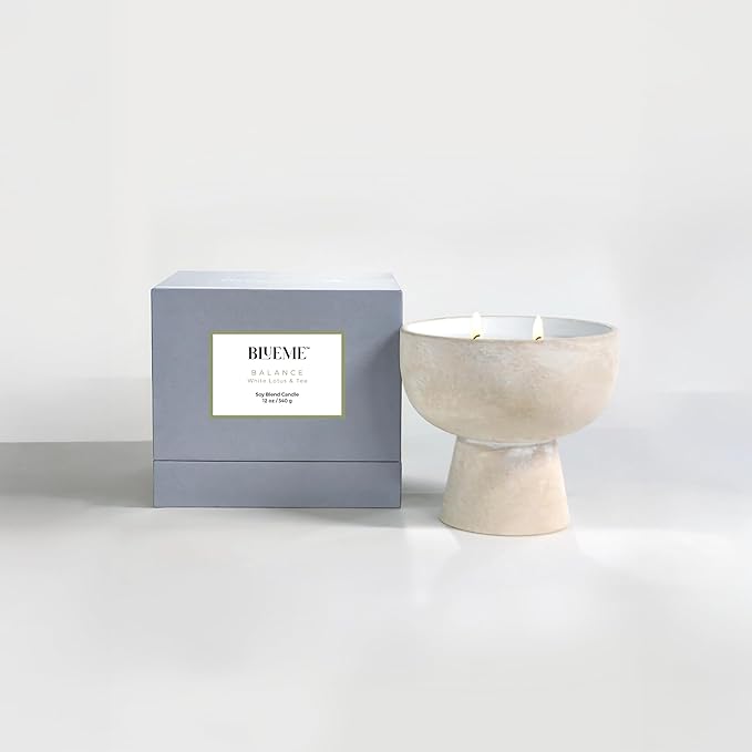 BLUEME Balance-White Lotus & Tea, 2 Wick, Refillable Wellness Candle, Contains Essential Oil, Sustainable, Hand Finished, Hand Poured, Premium, Luxury Ceramic, Natural Cotton Wick, Soy-Wax Blend - Bloomnest