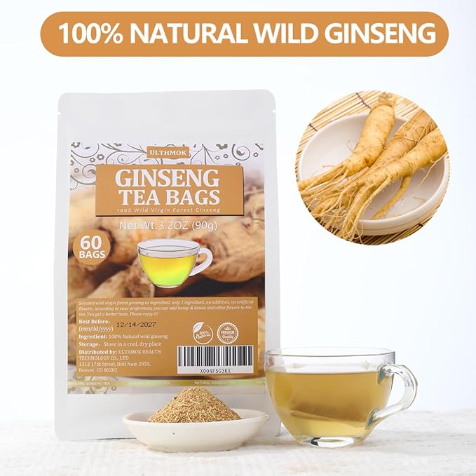Premium 60 Ginseng Tea Bags, Made with Pure 100% Natural Wild Ginseng Root, Energizing & Immune Support, No Artificial Flavors & Caffeine Free. - Bloomnest