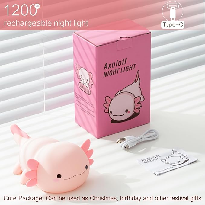 Axolotl Cute Night Light for Kids, Axolotl Lamp Girls Xmas Gifts, Rechargeable Bedside Nightlight, Squishy Dimmable Silicone LED Funny Animal Light, Baby Nursery Dorm Kawaii Décor Toys - Bloomnest