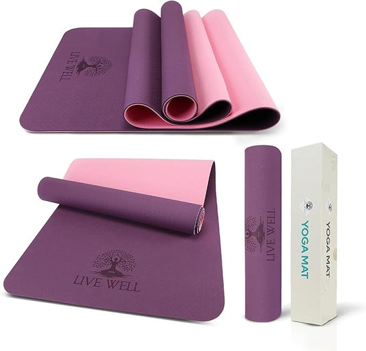MHW - Live Well Thick Non-Slip Yoga Mats for Home Workout – Eco-Friendly Cork & TPE Yoga Mats | Extra Wide, Long, Foldable, Odorless Exercise Mats with Strap & Bag – Travel-Friendly & Portable