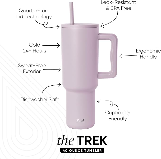 Simple Modern 40 oz Trek Tumbler with Handle and Straw Lid | Cup Holder Friendly Insulated Stainless Steel Travel Mug | Lavender Mist SimpleModern