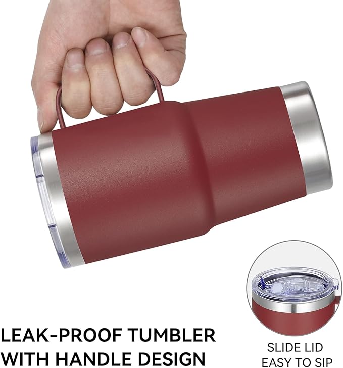 VEGOND 20 oz Tumbler with Handle Lid and Straw, Stainless Steel Insulated Travel Coffee Mug Spill Proof Double Wall Metal Tumbler Cup Keeps Drink Hot and Cold, Wine Red 1 Pack - Bloomnest