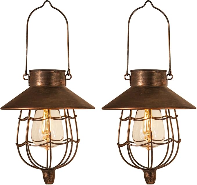 YAKii 2 Pack Solar Lantern Hanging Waterproof Outdoor Metal Solar Lamp with Warm White Light Decorate for Yard Garden Pathway Patio Porch Decor (Antique Copper) - Bloomnest