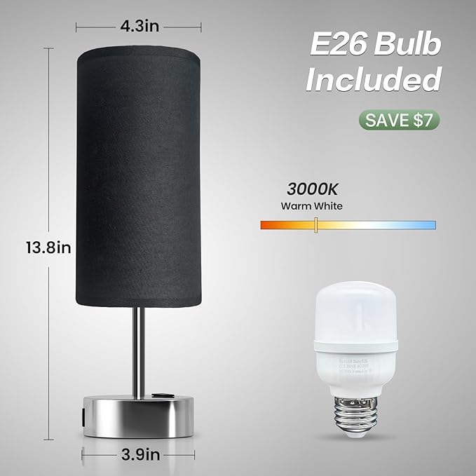 KPQ Small Bedside Lamp Touch Control Table Lamp with USB A+C Charging Ports & AC Outlet 3-Way Dimmable Nightstand Lamp with Linen Fabric Shade for Bedroom Living Room - Bloomnest