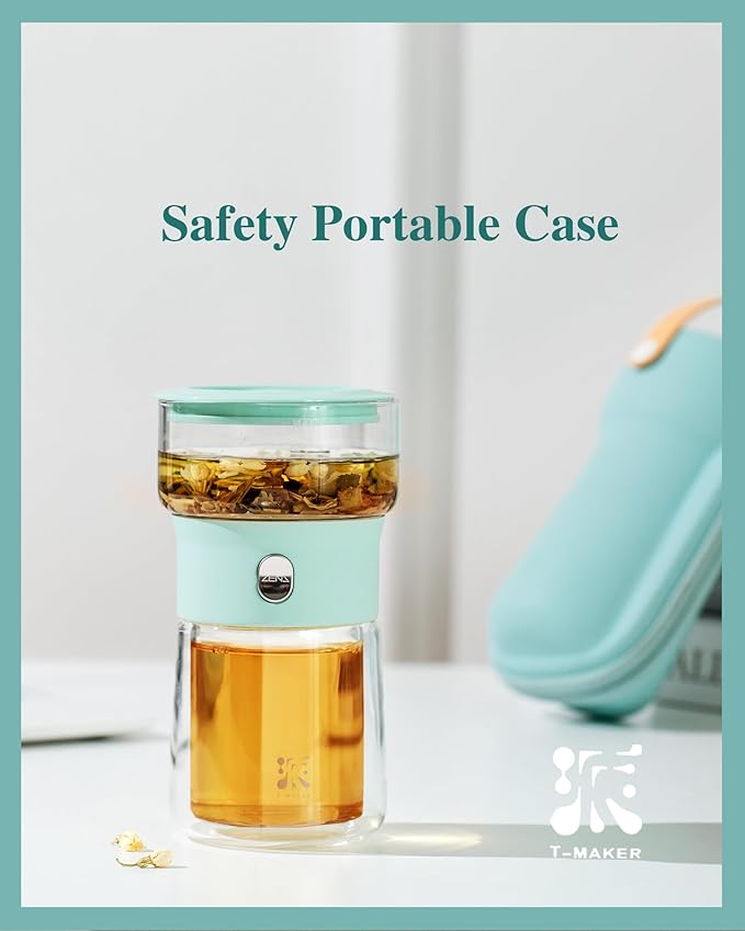 ZENS Modern Glass infuser Teapot, Small One Touch Tea Maker for Loose Tea Diffusers with 200ml Insulated Cup and Blue Portable Carry Case, Magic Gongfu Tea Pot for Tea Lovers Gifts - Bloomnest