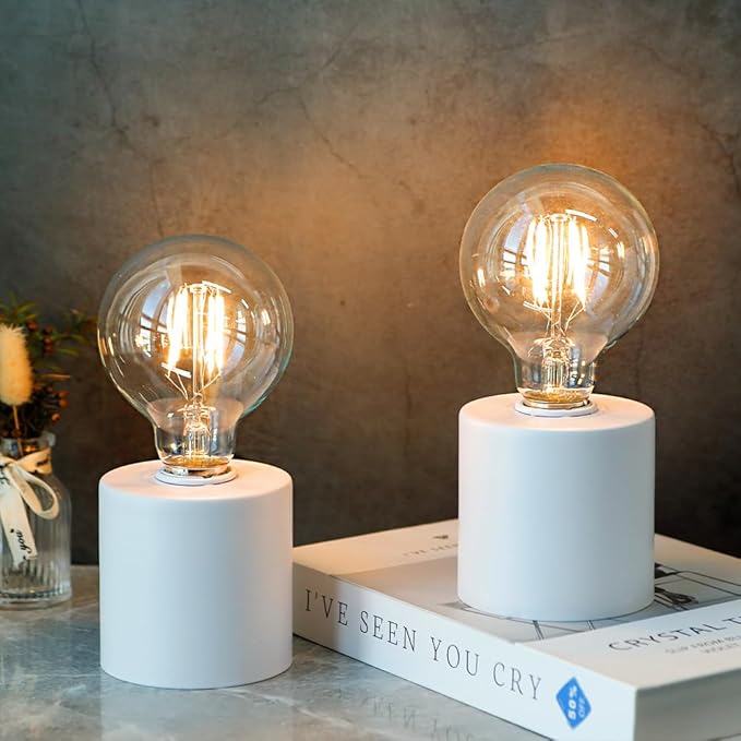 JHY DESIGN Set of 2 White Table Lamp Battery Powered 7" Tall Cordless Lamp Light with Edison Style Bulb Battery Operated Great for Living Room Bedroom Weddings Parties Patio Events