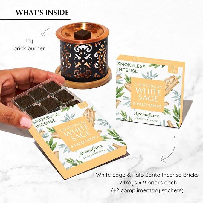 White Sage & Palo Santo Incense Bricks with Taj Exotic Burner by Aromafume | 2x9 Bricks | Sage Incense for Cleansing Negative Energy & Protection | Sage for Smokeless Smudging, Spiritual Cleansing Aromafume