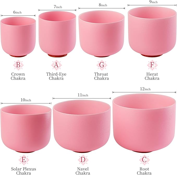 432HZ 6-12 Inch Pink Color Frosted Quartz Crystal Singing Bowls Chakra Set of 7 with Carry Case Bags for Sound Healing and Meditation