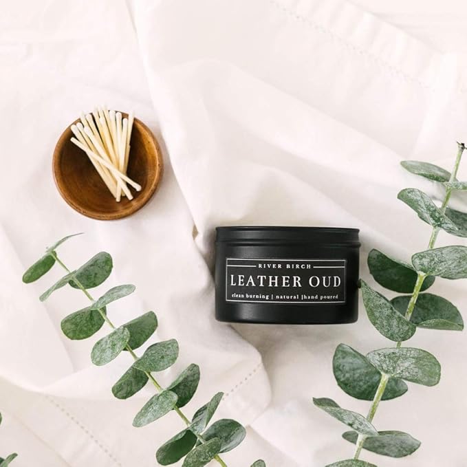 River Birch Candles Leather Oud Scented Candle | Premium, All-Natural, Non-Toxic, Soy Candles | 8 oz. Black Matte Tin Travel Candle | Cozy Relaxing Gifts for Home - Bloomnest