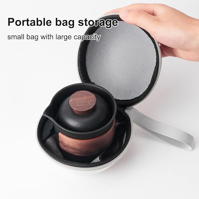 Mini Travel Ceramic Tea Pot Set Chinese Kung Fu Teapot, 1 Pot 3 Cups Porcelain Teacups with Tea Infuser Portable Bag for Home Office Outdoor Picnic Black