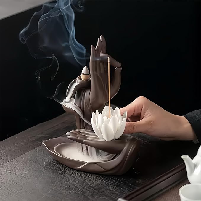 Lotus Hand Backflow Incense Burner– Ceramic Cones Incense Holder Waterfall Incense Burner & Incense Waterfall Fountain for Zen Decor Backflow Incense Cone Burner - Bloomnest