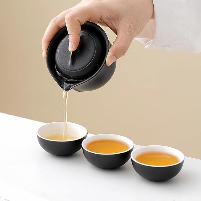 Travel Tea Set Ceramic Tea Pot Set Chinese Kung Fu Teapot Porcelain Gongfu Teacups Frosted Glazed Tea Cup, Portable Bag 1 Pot 3 Mini Cup All in One for Home Office Outdoor Picnic Camping Hotel, Black - Bloomnest