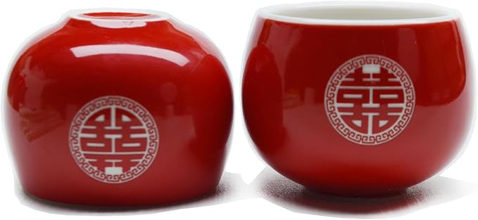 Chinese Wedding Tea cup 5oz Porcelain Teacup Red Cups Round Glaze Carving Double Xi for Tea Ceremony Wedding Party Home Decor (Double happiness cups 2pcs) - Bloomnest