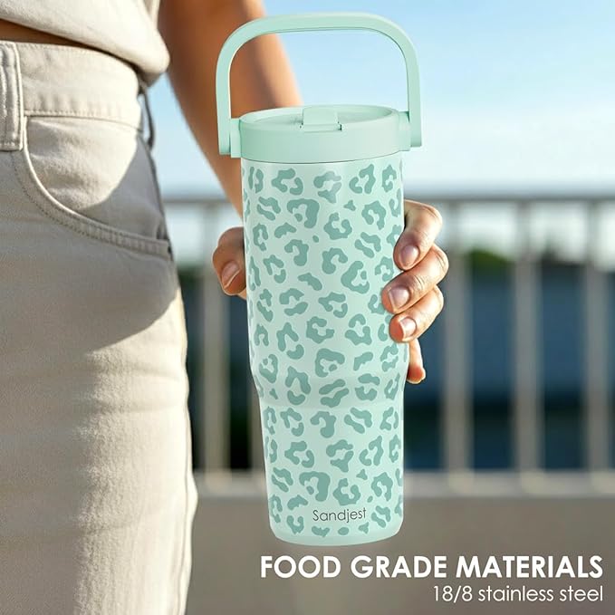 SANDJEST Leopard Skin Stainless Steel Straw Lid Tumbler 30oz with Carry Handle for Women Girls, Insulated Travel Coffee Cup, Gift for Sports Outdoor Workout Christmas Birthday (Mint) - Bloomnest