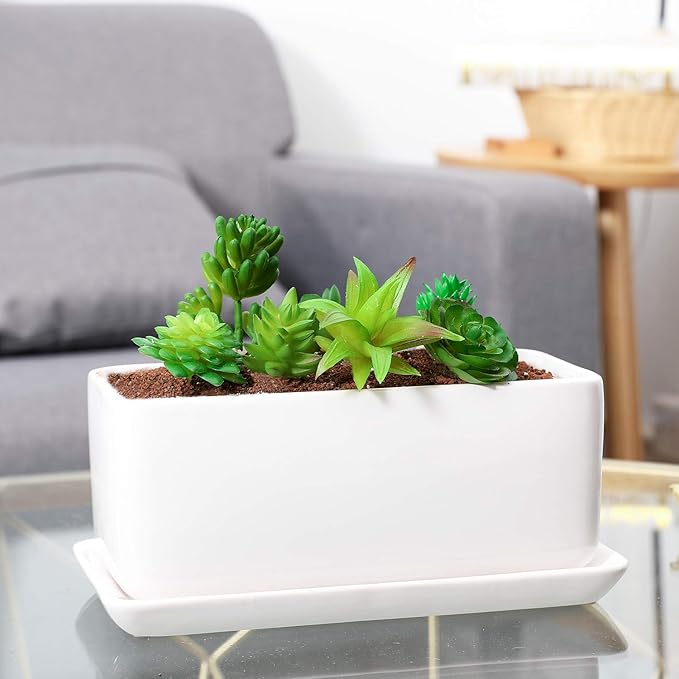 10 inch Rectangular White Ceramic Planter Pot Succulent Cactus Herb Flower Container Window Box Saucer Removable Drip Tray Base Drain Holes Home Office Indoor Outdoor Garden Desktop - Bloomnest