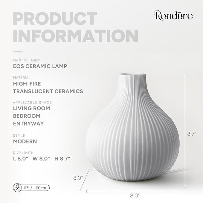 RONDURE 8.7" Modern Ceramic Table Lamp, Modern Bedside Lamps for Bedroom, Living Room and Nightstand, White Translucent Ceramic Shade, Warm Ambient Lighting, Home Decor - Bloomnest