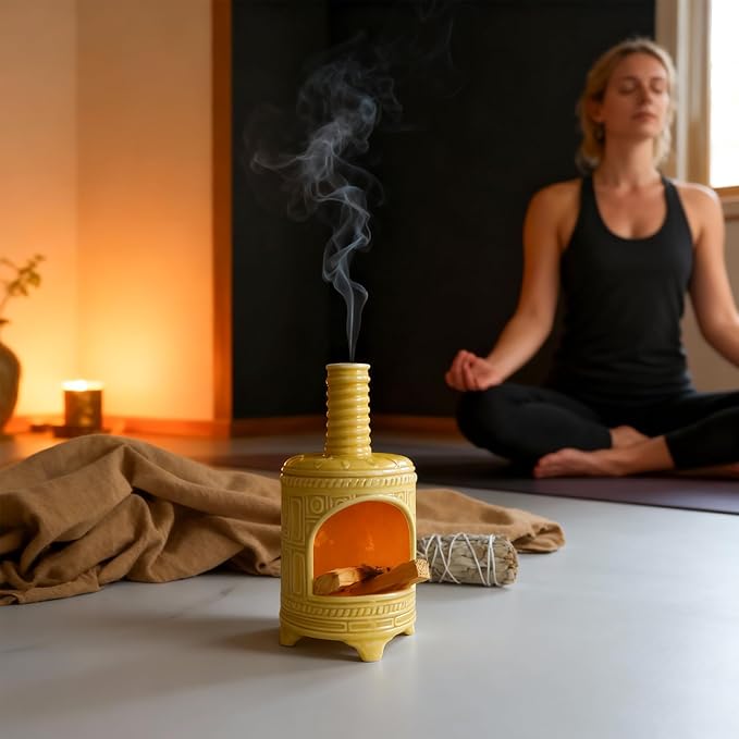 Yellow Ceramic Palo Santo Burner Holder - Purpose for Palo Santo Sticks, Sage Smudge Sticks & Incense Cones Burning – Ideal for Energy Cleansing, Yoga, Meditation & with Unique Chimney Design - Bloomnest