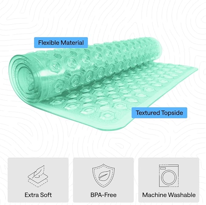GORILLA GRIP Patented Bath Tub Shower Mat, Machine Washable Bathtub Floor Liner Mats, Suction Cups and Drain Holes to Keep Tubs Clean, Soft on Feet, Bathroom Essentials, 35x16 Inch, Clear Green - Bloomnest