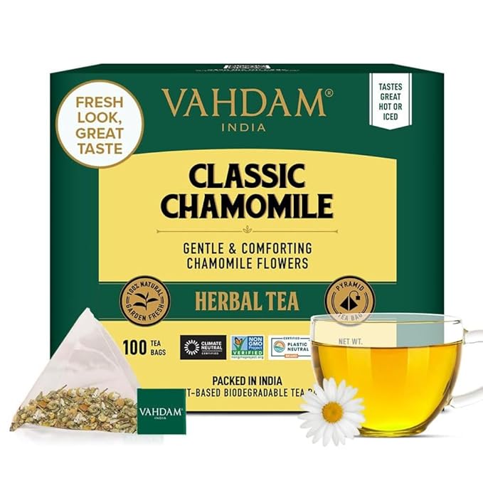 VAHDAM, Chamomile Herbal Tea (100 Pyramid Tea Bags) Resealable Ziplock Pouch | Caffeine Free, Non GMO, Gluten Free | 100% Pure Tisane - Sweet & Floral | Made With Natural Chamomile Flowers - Bloomnest