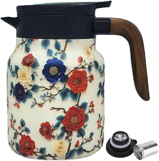 Vintage Floral Teapot with Built In Infuser, 2025 New Stainless Steel Thermal Teapot 1000ml Large Capacity to Meet Daily Needs (Pattern 10)