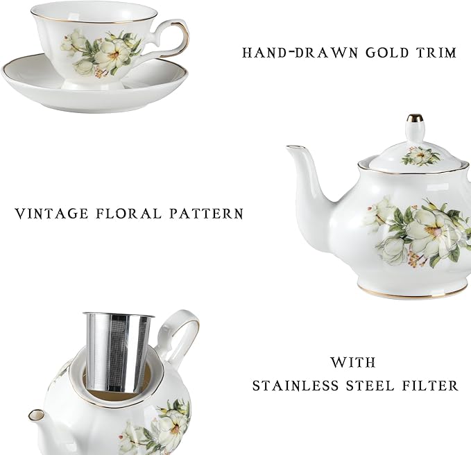 Sweejar Ceramic Teapot with Infuser, Floral Relief Gold Rimmed Teapot, 29 OZ Porcelain Tea Pot for Blooming and Loose Tea, Coffee...(Camellia) - Bloomnest