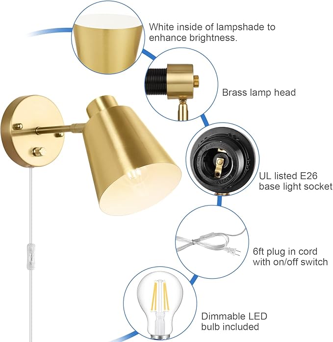 Plug in Wall Sconces, Dimmable Wall Sconces Adjustable Angle Wall Lights with Plug in Cord and Dimmer On/Off Knob Switch, Gold Wall Mounted Light for Bedroom Bedside Stairway(2 Pack, 2 Bulbs) - Bloomnest