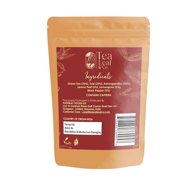 Tealeaf & Co. Tulsi Holy Basil Ashwagandha Green Tea Loose Leaf with Lemon Peel, Lemongrass & Black Pepper - Tulsi Tea with Fresh Herbs and Spices - 50 Servings, Gluten Free (3.52oz/100gm) - Bloomnest