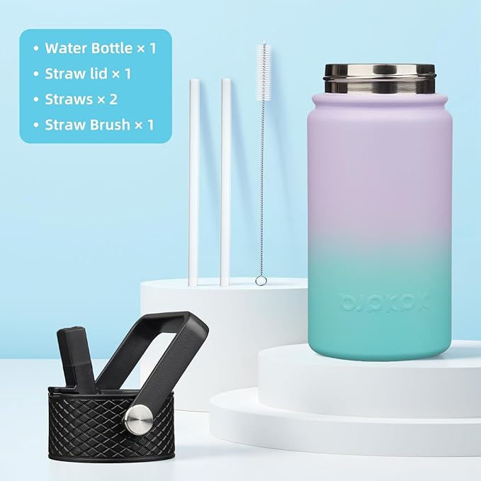 BJPKPK Insulated Water Bottle with Straw Lid, 15oz Cute Water Bottles, Stainless Steel Metal Thermo, Reusable BPA Free Leak Proof Tumblers, Cups,Lavender Mint - Bloomnest