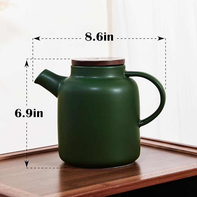 Yundu 1500ml / 50 oz Ceramic Teapot with Infuser & Wood Lid - Matte Green, Loose Leaf Tea Pot with Removable Strainer, Large Capacity - Bloomnest