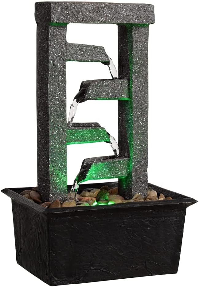 GOSSI 10" H 4 Tiered Cascading Rectangle Indoor Desktop Fountain with Natural River Rocks and RGB Color Changing LED Lights Home/Office Decoration Meditiation Resin waterfull Tabletop Fountain - Bloomnest