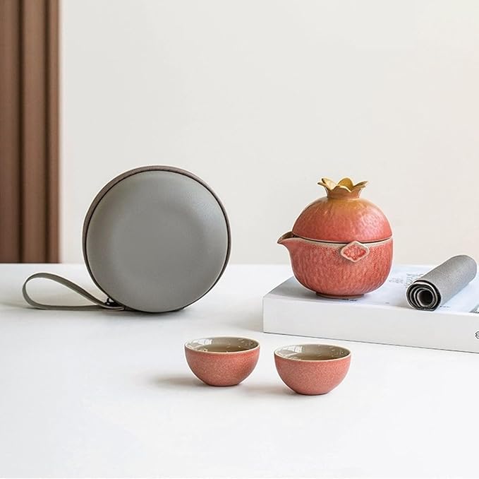 Pomegranate Shape Travel Teapot, Portable Ceramic Tea Set, 1 Pot 3 Mini Cups, Tea Set for One to Three, Tea Gift for Tea Lovers - Bloomnest