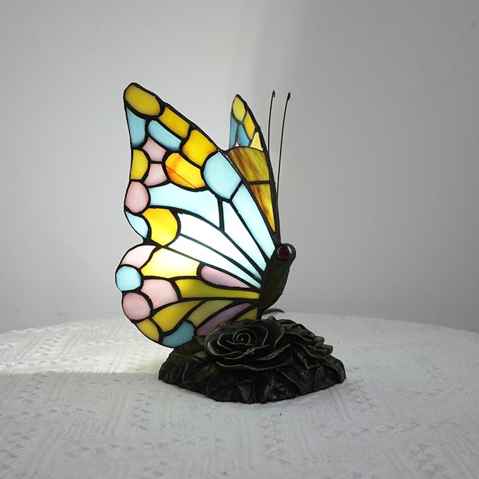 Small Tiffany Butterfly Table Lamp for Girls Bedroom Kids Bedside Desk Light Sky Blue Yellow and Pink Stained Glass Lamp Vintage Unique Style Decor Nightstand Accent Night Light Office Mothers Gifts - Bloomnest
