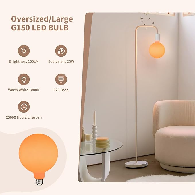 ONEWISH Floor Lamp for Living Room - Minimalist Standing Lamp with Modern LED Bulb, White Frosted Globe Glass 6", 1800K Warm Ambiant Lighting Decorative Tall Lamp for Bedroom Dorm - Bloomnest