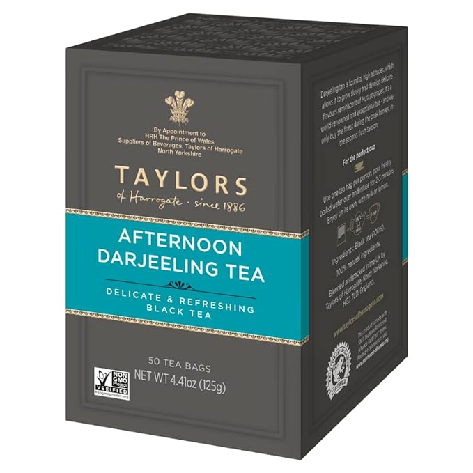 Taylors of Harrogate Afternoon Darjeeling, Black Tea, Pillow Bags 50 Count (Pack of 1), Delicate, Sweet & Floral, Caffeinated, Enjoy Hot or Iced, 50 Teabags - Bloomnest