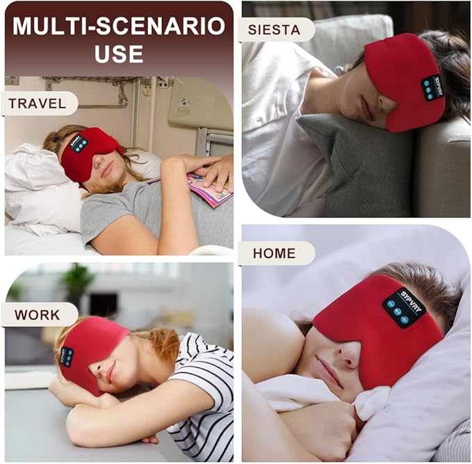 Sleep Mask Bluetooth 5.4 Headphones Soft Wireless Headband Eye Mask Blackout with Microphone (Red) - Bloomnest