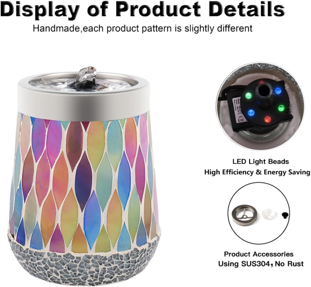 VOREEN Mosaic Tabletop Water Fountain, 20OZ Stress Relief Aromatherapy & LED Color Therapy Ultra Quiet, Indoor Zen Relaxation for Office，Essential Oil Diffuser for Office, Home, Yoga, Relaxation