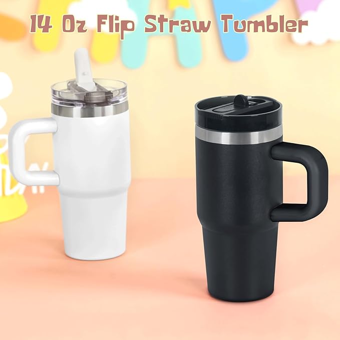 Cosictic 14 Oz Flip Straw Tumbler with Handle for Kids, Stainless Steel Double Wall Insulated Cup for Children with Flip Top Lid, 14 Oz Leak-proof Cups for Kids,Black - Bloomnest
