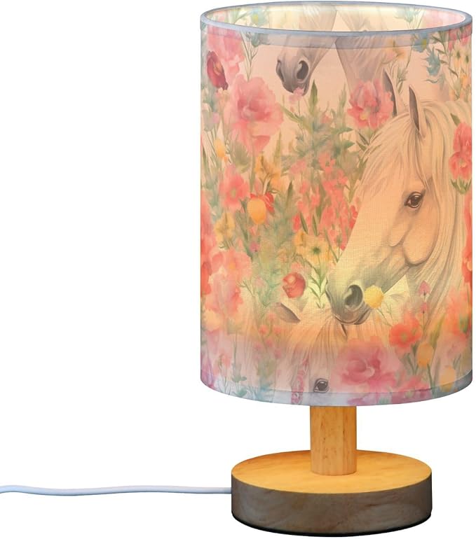 Bedside Lamp White Horse Pink Flower Table Lamp with USB Port Wood Base for Living, 5.12x9.7in/13x24.7cm, 214B3018 - Bloomnest