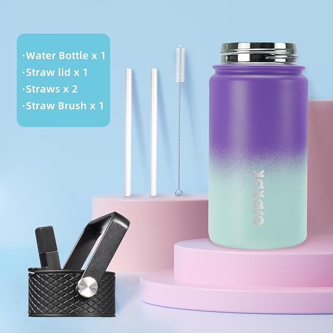 BJPKPK Water Bottle with Straw Lid, 15 oz Insulated Water Bottle, Stainless Steel Metal Water Bottles, Reusable Leak Proof BPA Free Thermo, Flask, Cups, Lavender - Bloomnest