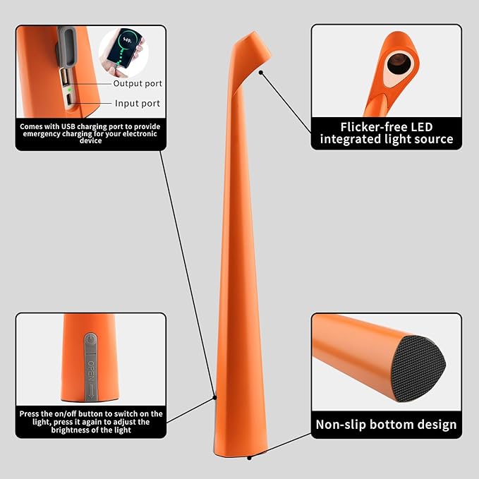 Portable Cordless LED Desk Lamp, Rechargeable Wireless Table Lamp, 3-Level Brightness, Patio & Bedside Night Light, Dining Room Ambient Reading Light (Orange) - Bloomnest