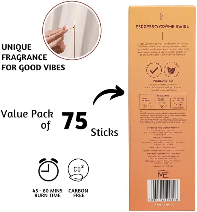 Folkulture Incense Sticks (75 Sticks) |8" Premium Coffee Incense Sticks for Aromatherapy, Focus, Energy, Gifts for Women | No Charcoal,Organic, Non Toxic, 45 Mins, Long Burning Insence-Sticks FOLKULTURE