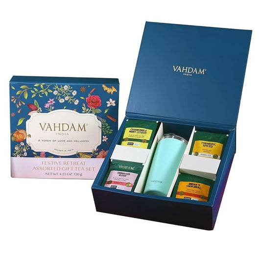 VAHDAM Assorted Tea Gift Set with Cruise Tumbler (4 Variety, 60 tea Bags) | Ecofriendly Tea Bags | Tea Gifts for Women & Men