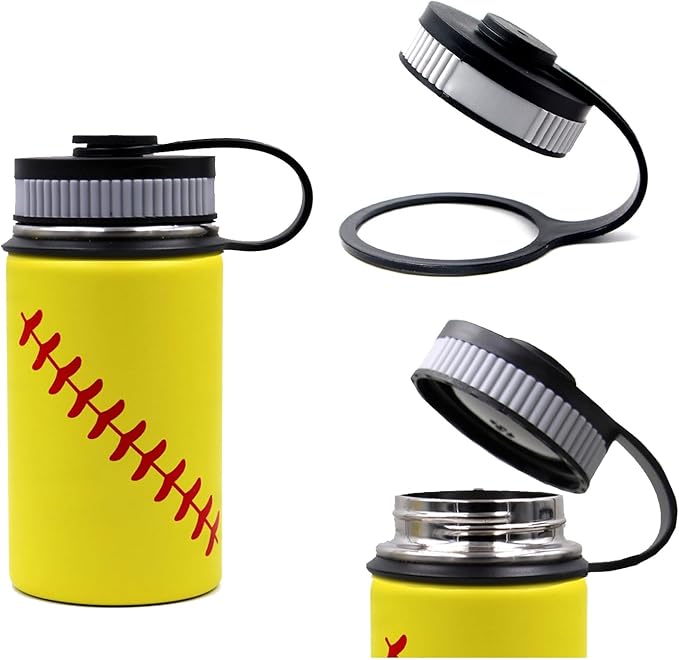 12 oz Softball Water Bottle, Wide Mouth Sports Flask Metal Travel Tumbler with 2 Lids, Stainless Steel Double Wall Vacuum Insulated Leak Proof Thermo Water Bottles, Softball Stuff Gifts for Mom Girls - Bloomnest