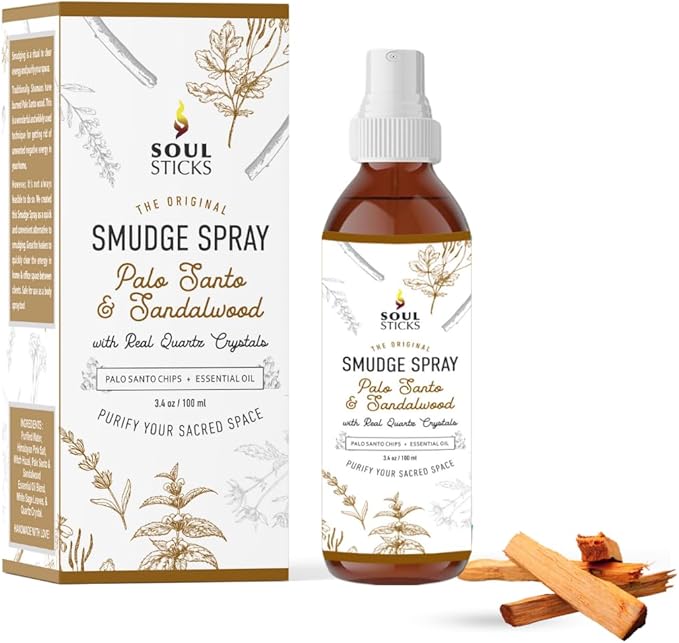 SOUL STICKS Palo Santo & Sandalwood Smudge Spray For Cleansing and Negative Energy | 3.5oz Palo Santo Spray with Real Quartz Crystals | Sage Room Spray for Spiritual Cleansing and Purifying Home Car SoulSticks